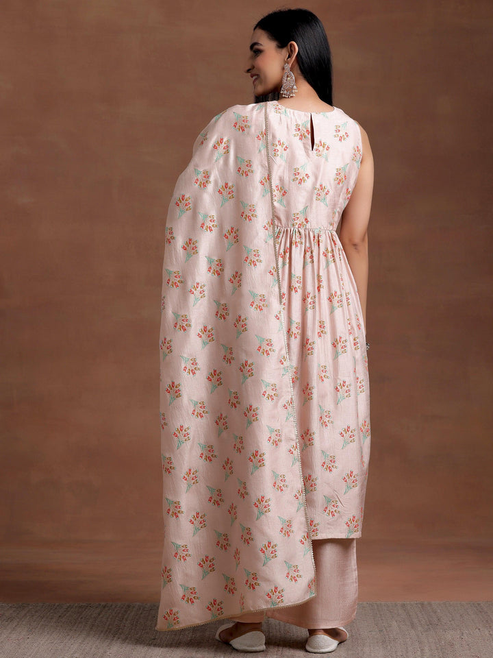 Powder Pink Printed Silk Blend A-Line Kurta With Palazzos & Dupatta - Libas