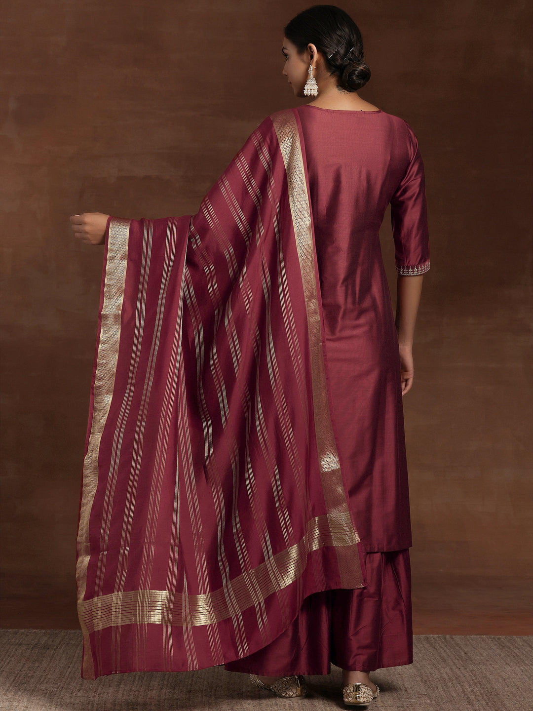 Rust Yoke Design Silk Blend Straight Suit With Dupatta - Libas