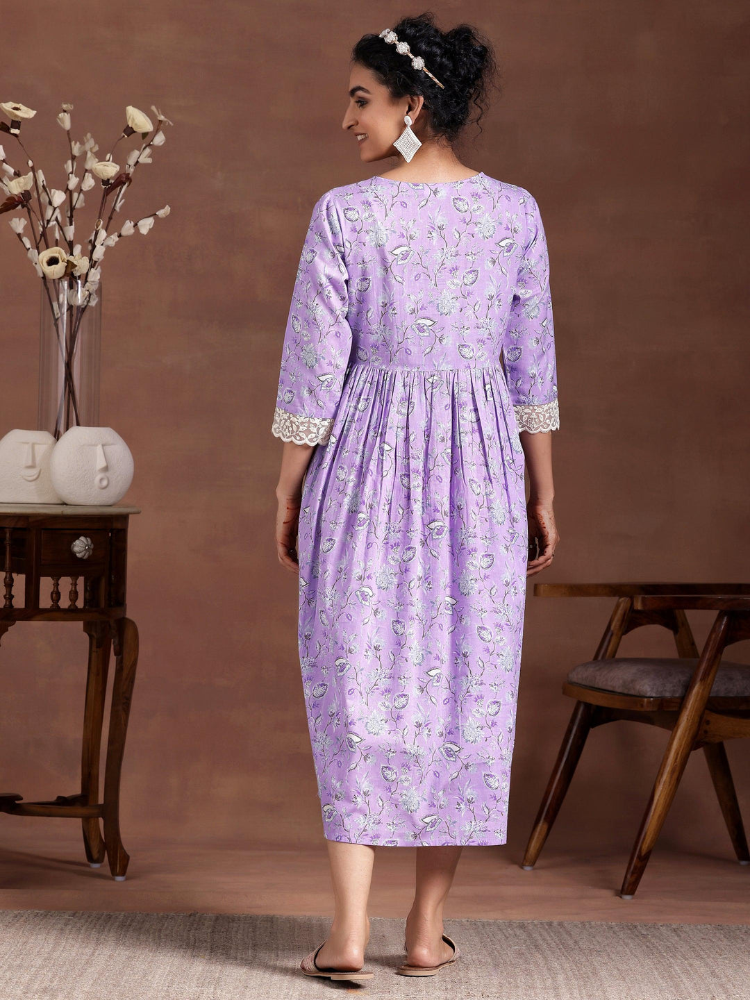 Lavender Printed Cotton Fit and Flare Dress - Libas 