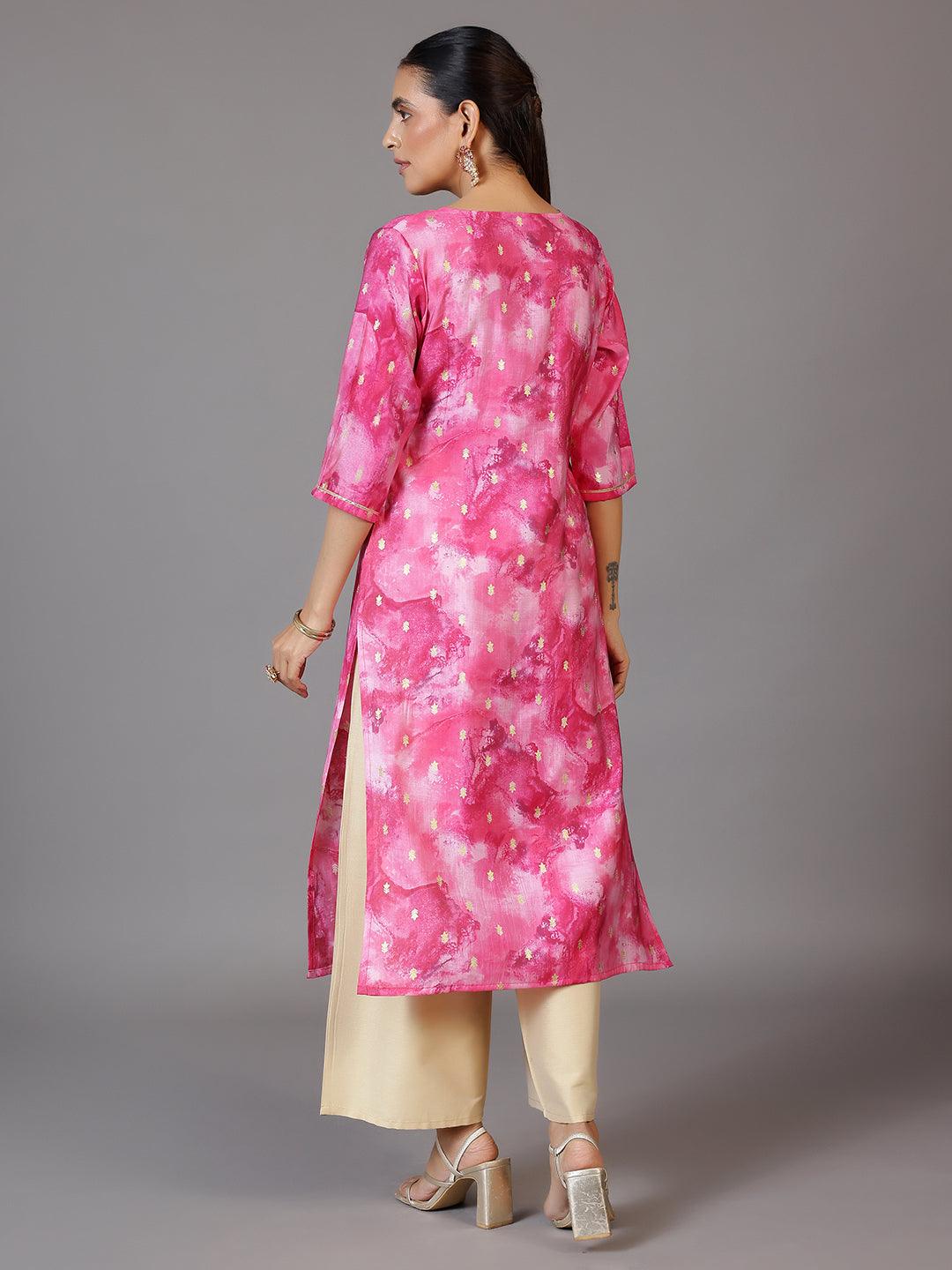 Pink Yoke Design Silk Straight Kurta - Libas