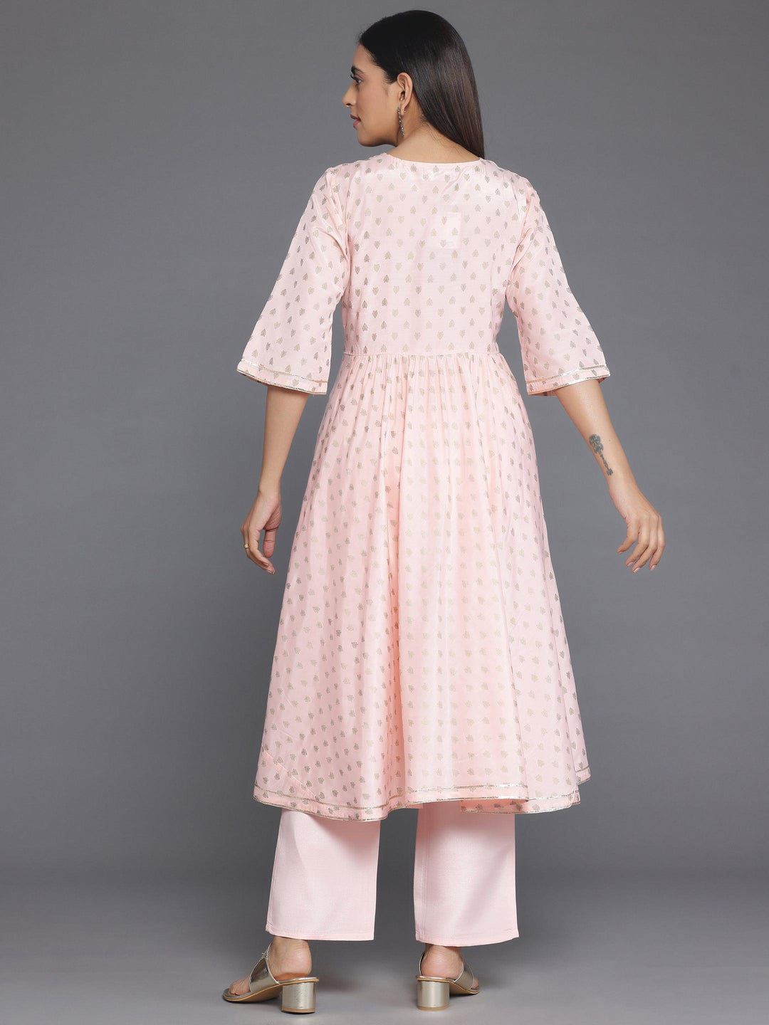 Peach Printed Silk Blend Anarkali Kurta Set - Libas 