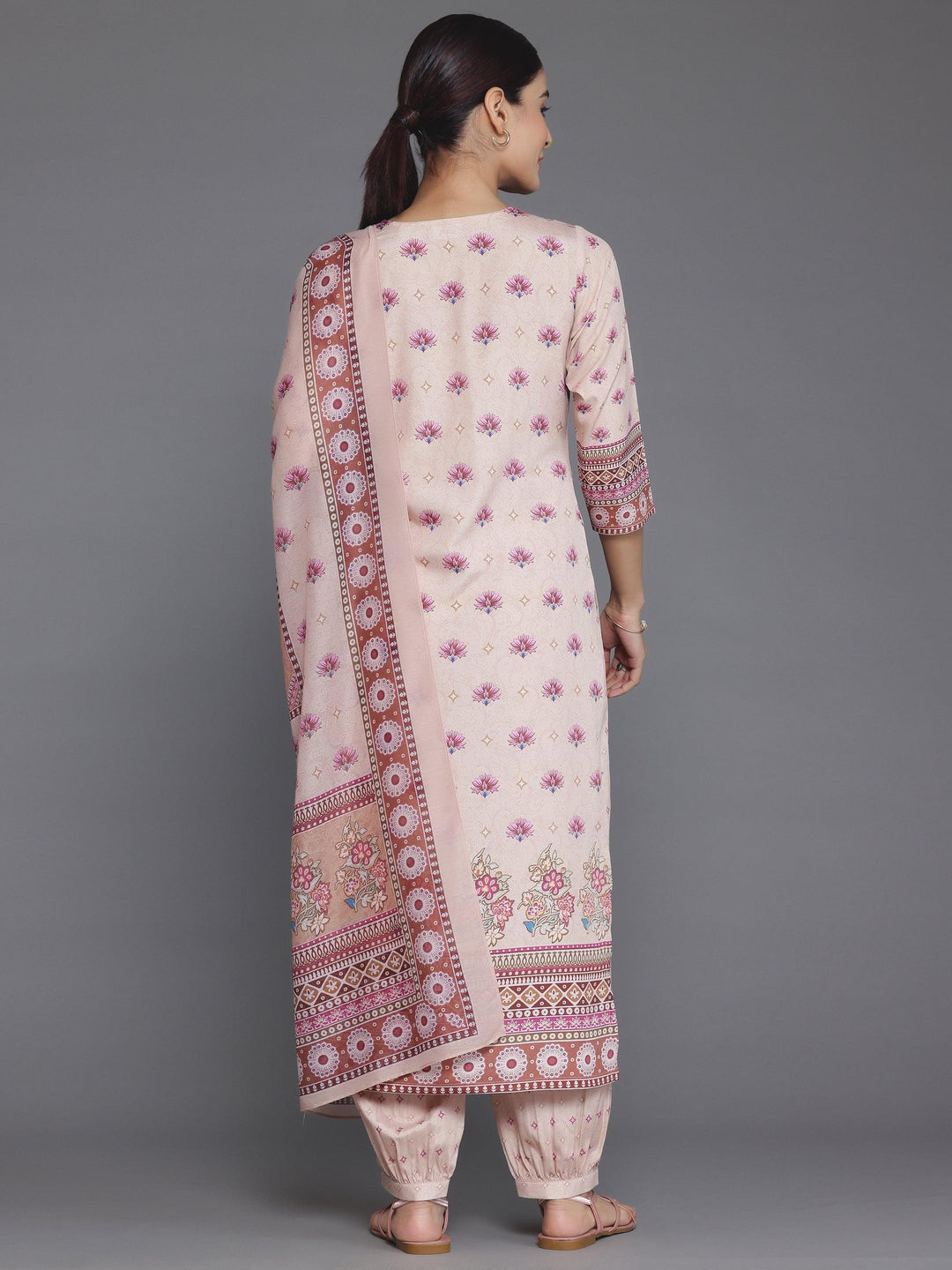 Peach Printed Poly Crepe Straight Suit With Dupatta - Libas