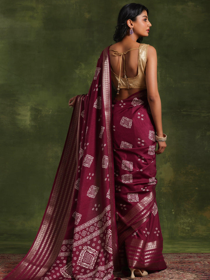 Wine Printed Silk Blend Saree With Unstitched Blouse Piece - Libas