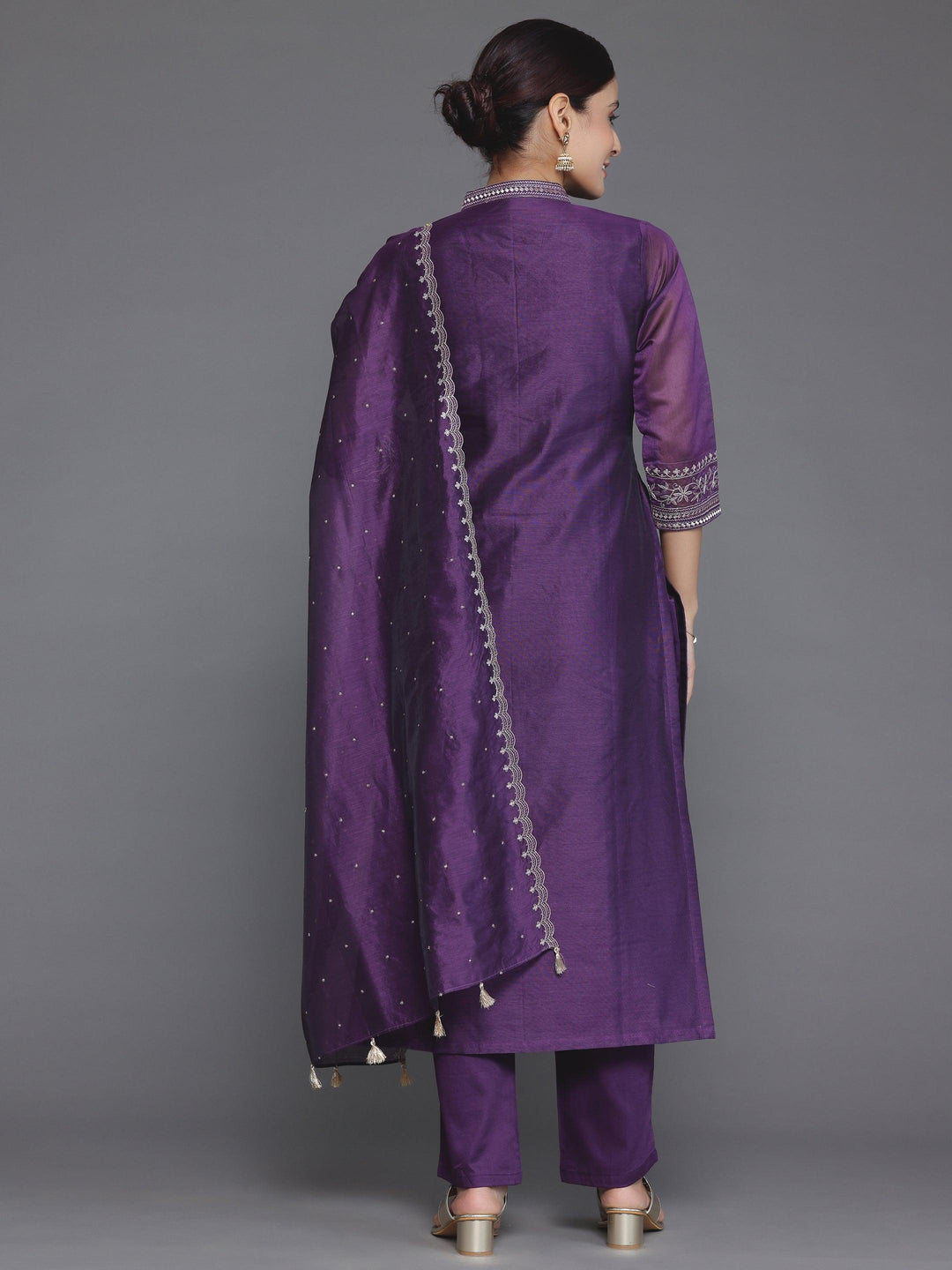 Wine Embroidered Chanderi Silk Straight Suit With Dupatta - Libas