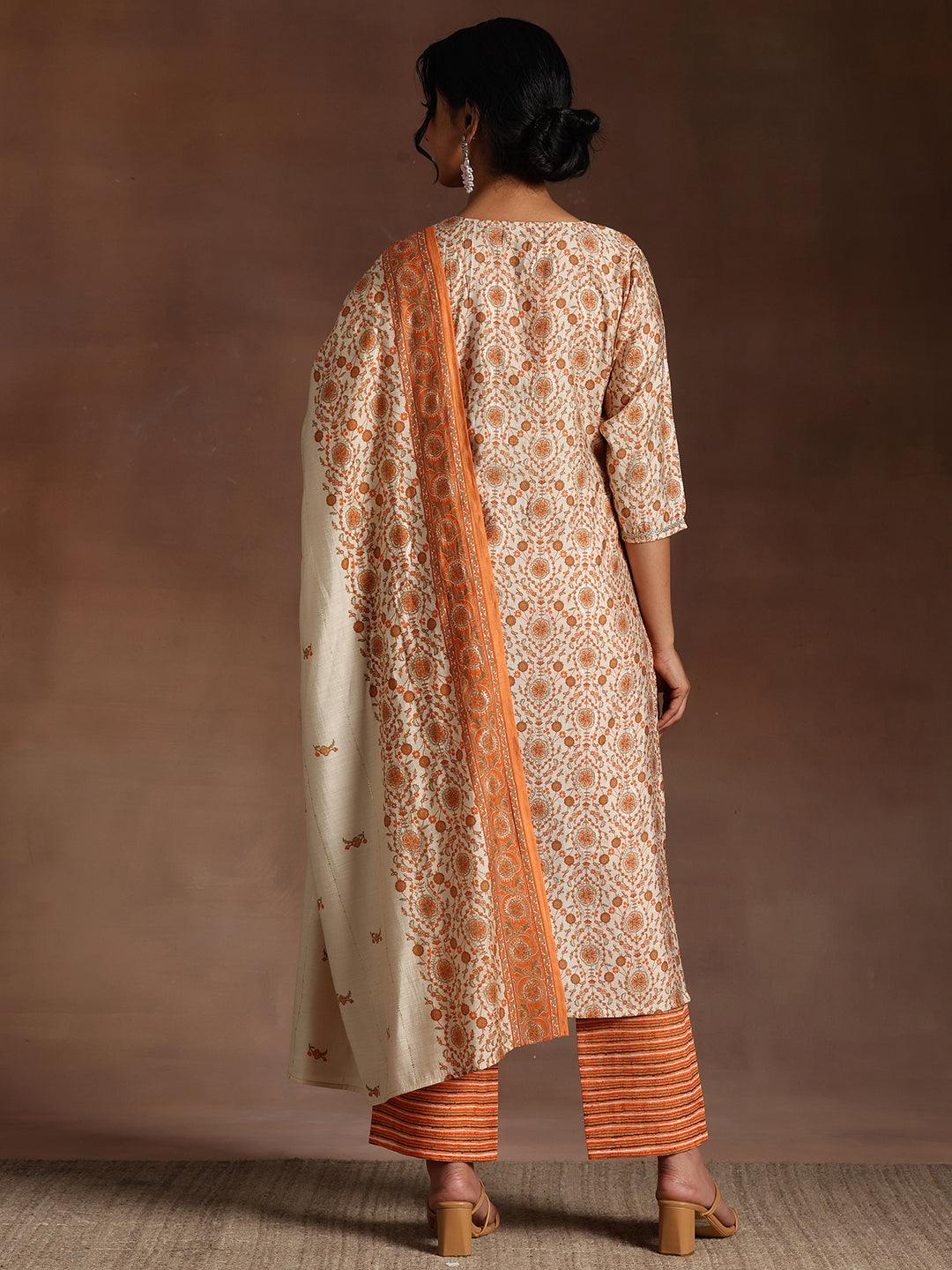 Orange Printed Silk Blend Straight Suit With Dupatta - Libas