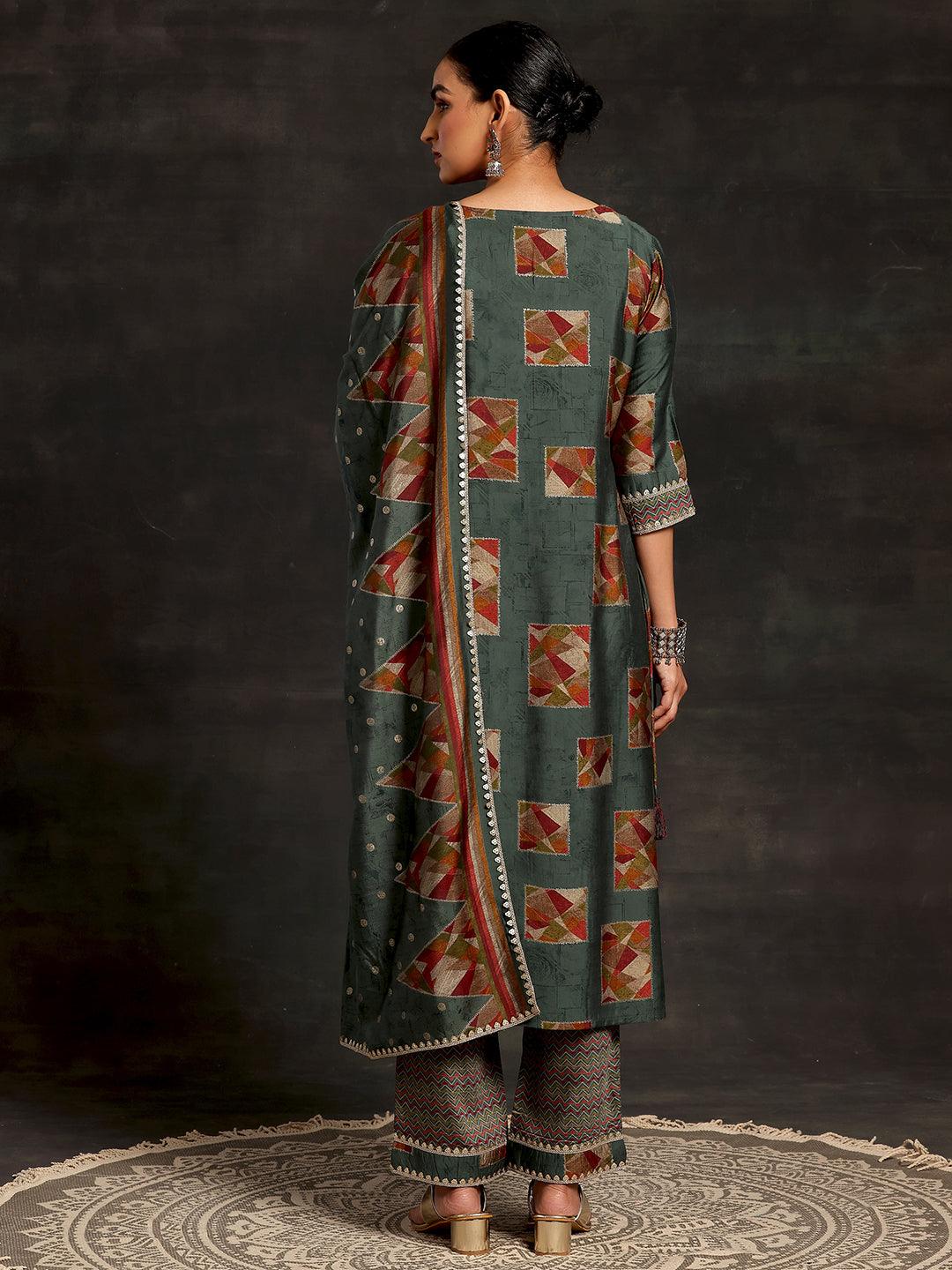 Green Printed Silk Blend Straight Suit With Dupatta - Libas