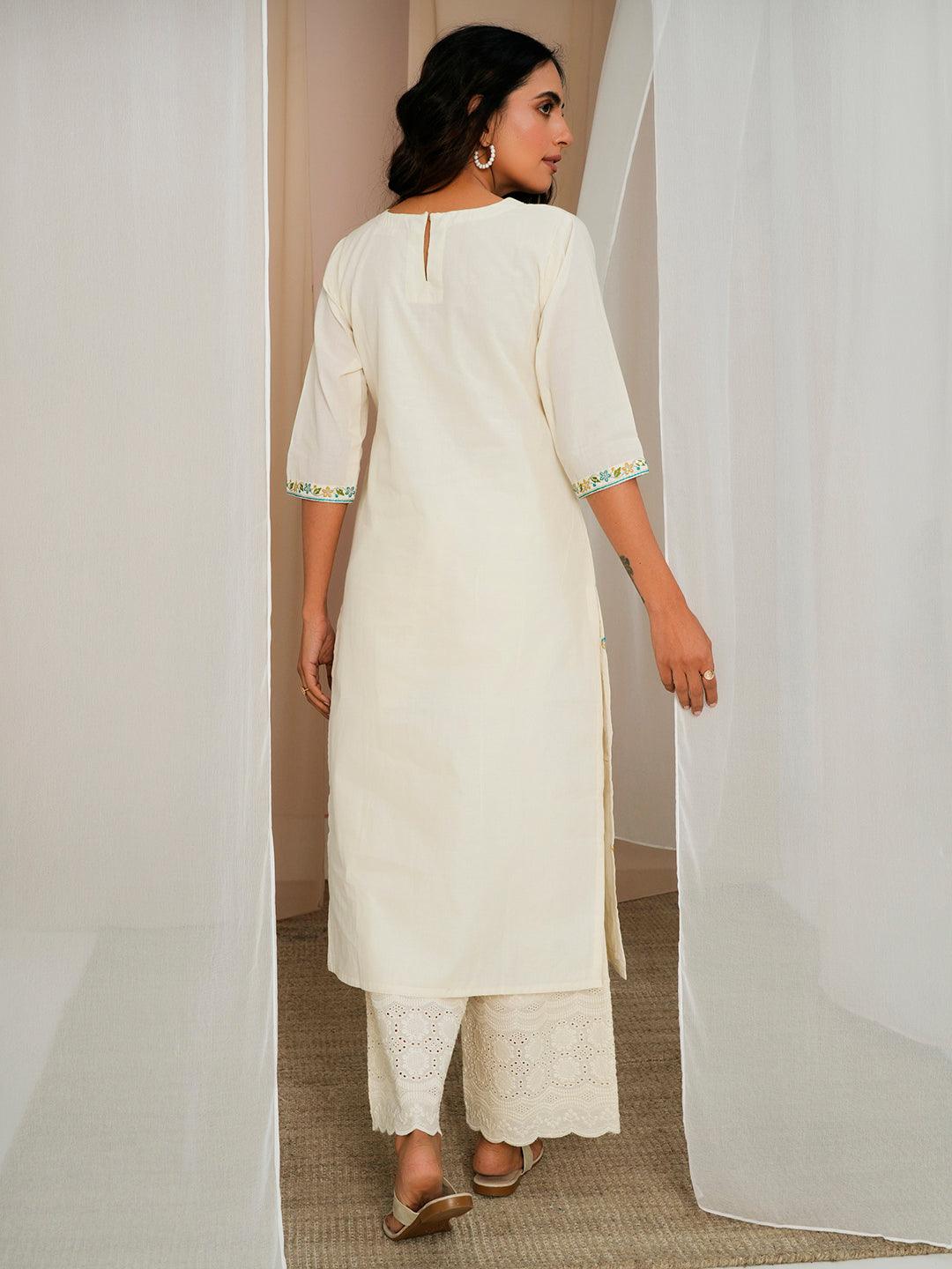 Off White Embroidered Cotton Straight Kurta - Libas 