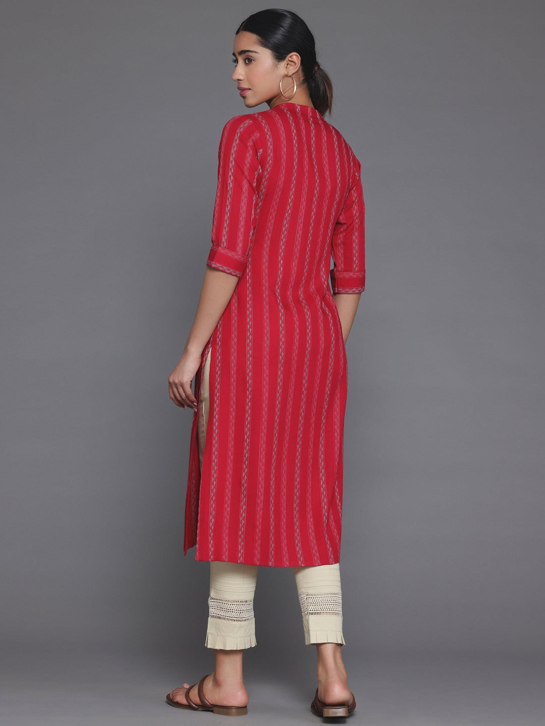 Red Striped Rayon Straight Kurta - Libas 