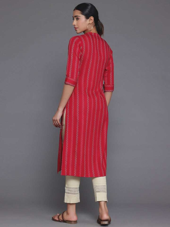 Red Striped Rayon Straight Kurta - Libas