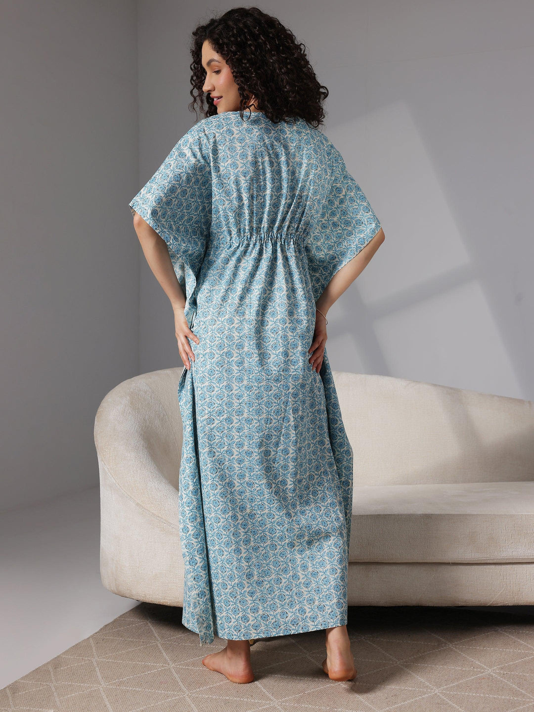 Blue Printed Cotton Kaftan Night Dress - Libas