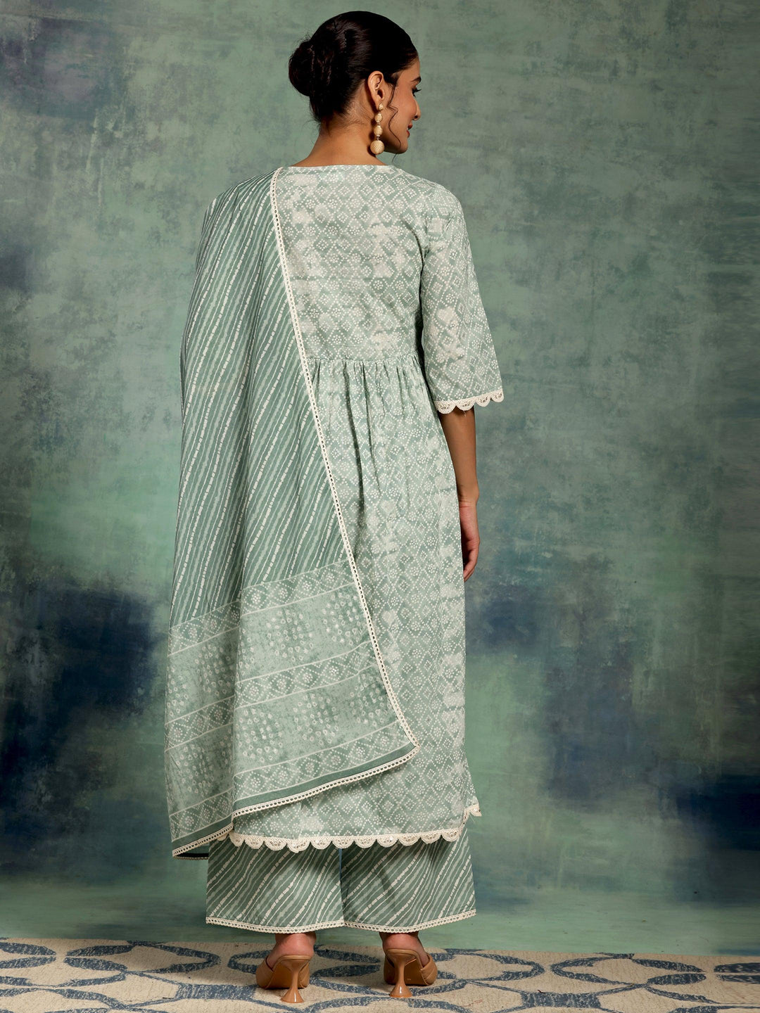 Green Printed Cotton A-Line Kurta With Palazzos & Dupatta - Libas 