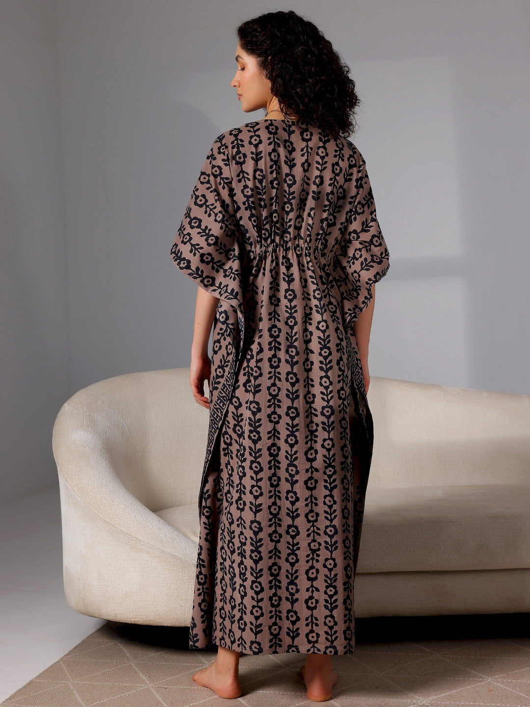 Black Printed Cotton Kaftan Night Dress - Libas 