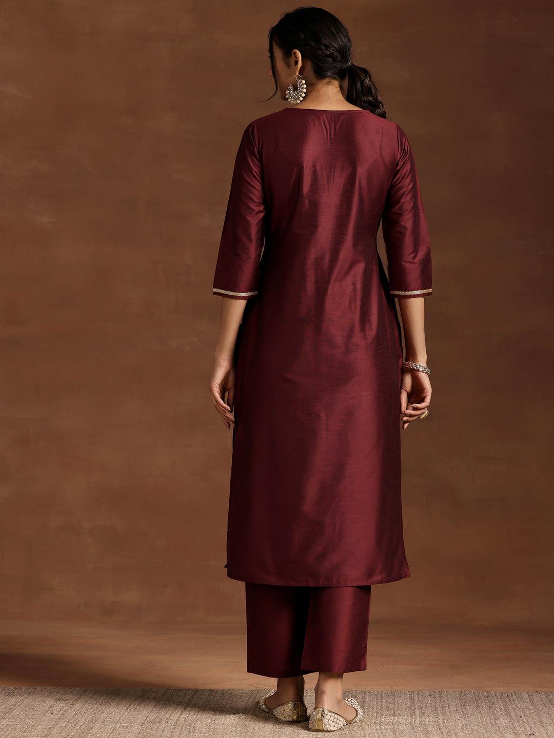 Maroon Yoke Design Silk Blend Straight Kurta Set - Libas