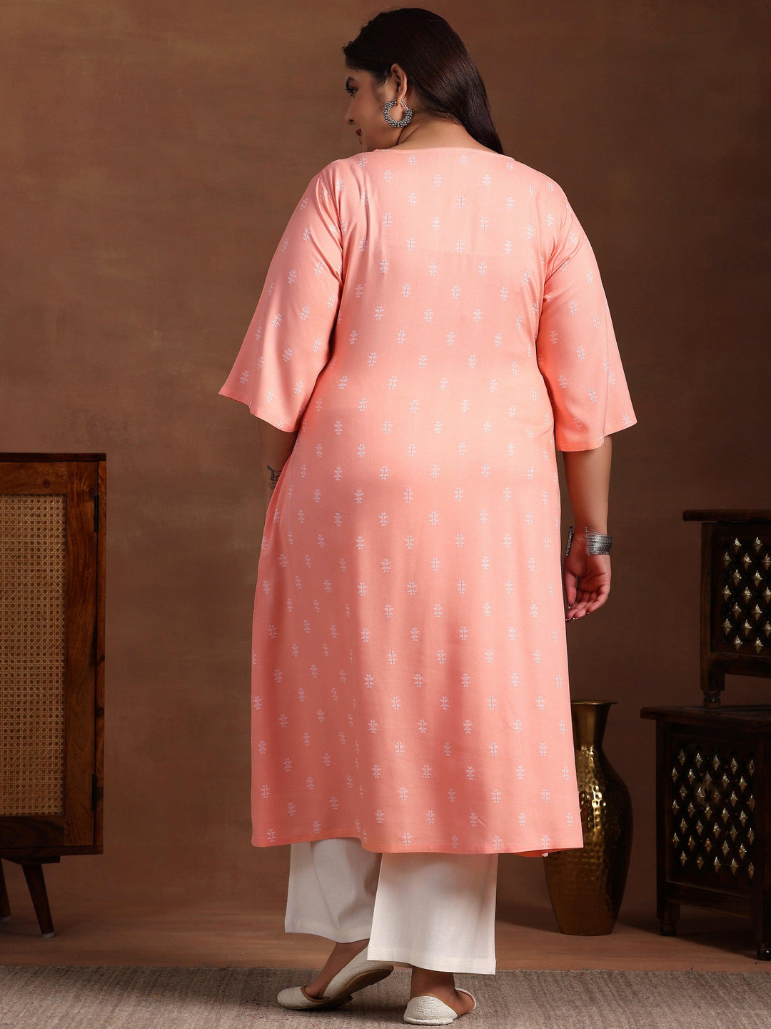 Plus Size Peach Woven Design Rayon Straight Kurta - Libas