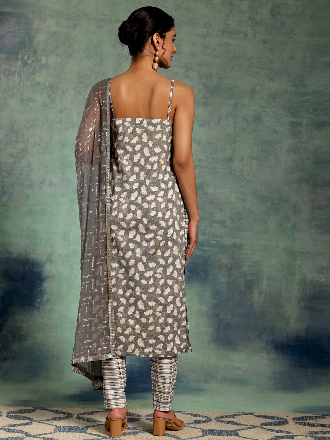 Grey Printed Cotton Straight Suit With Dupatta - Libas 