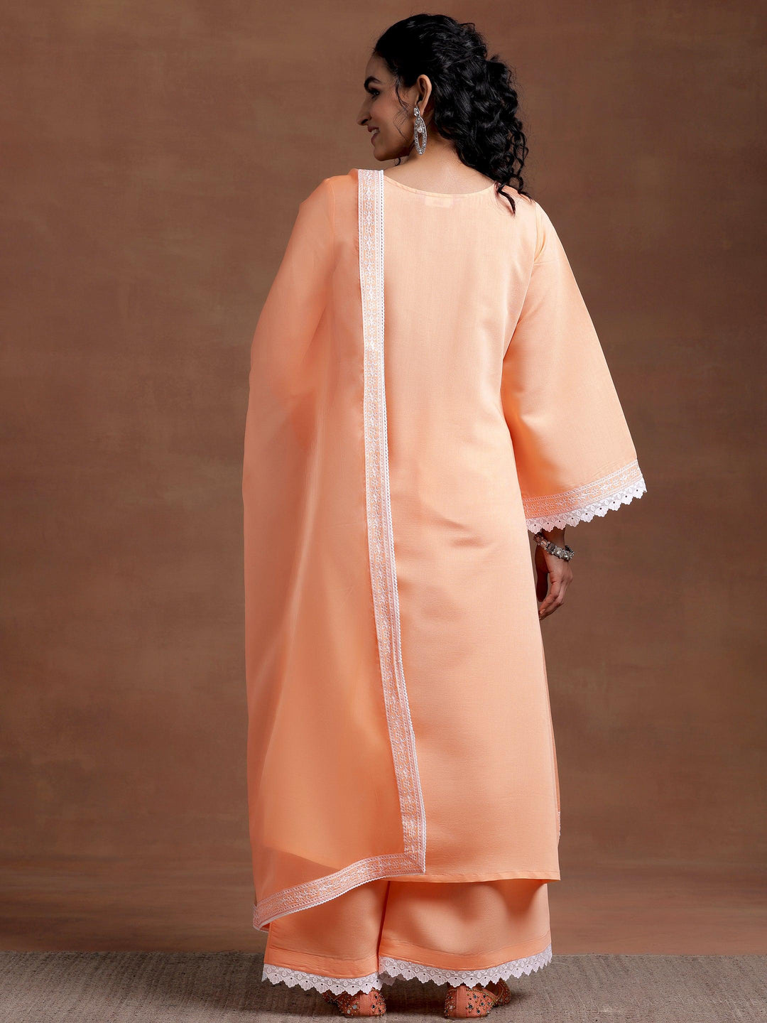 Peach Embroidered Silk Blend A-Line Kurta With Palazzos & Dupatta - Libas 