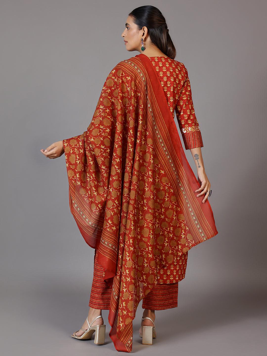 Rust Printed Cotton Straight Suit With Dupatta - Libas 