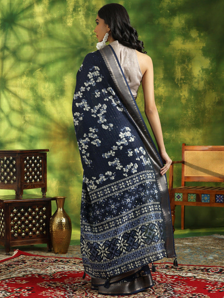 Blue Printed Silk Blend Saree With Unstitched Blouse Piece - Libas