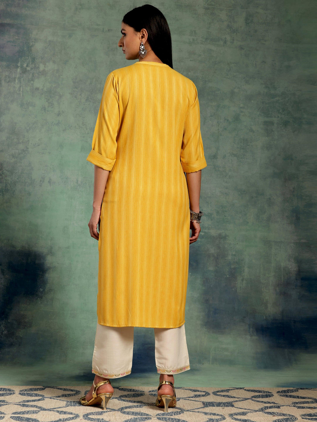 Yellow Woven Design Rayon Straight Kurta - Libas 