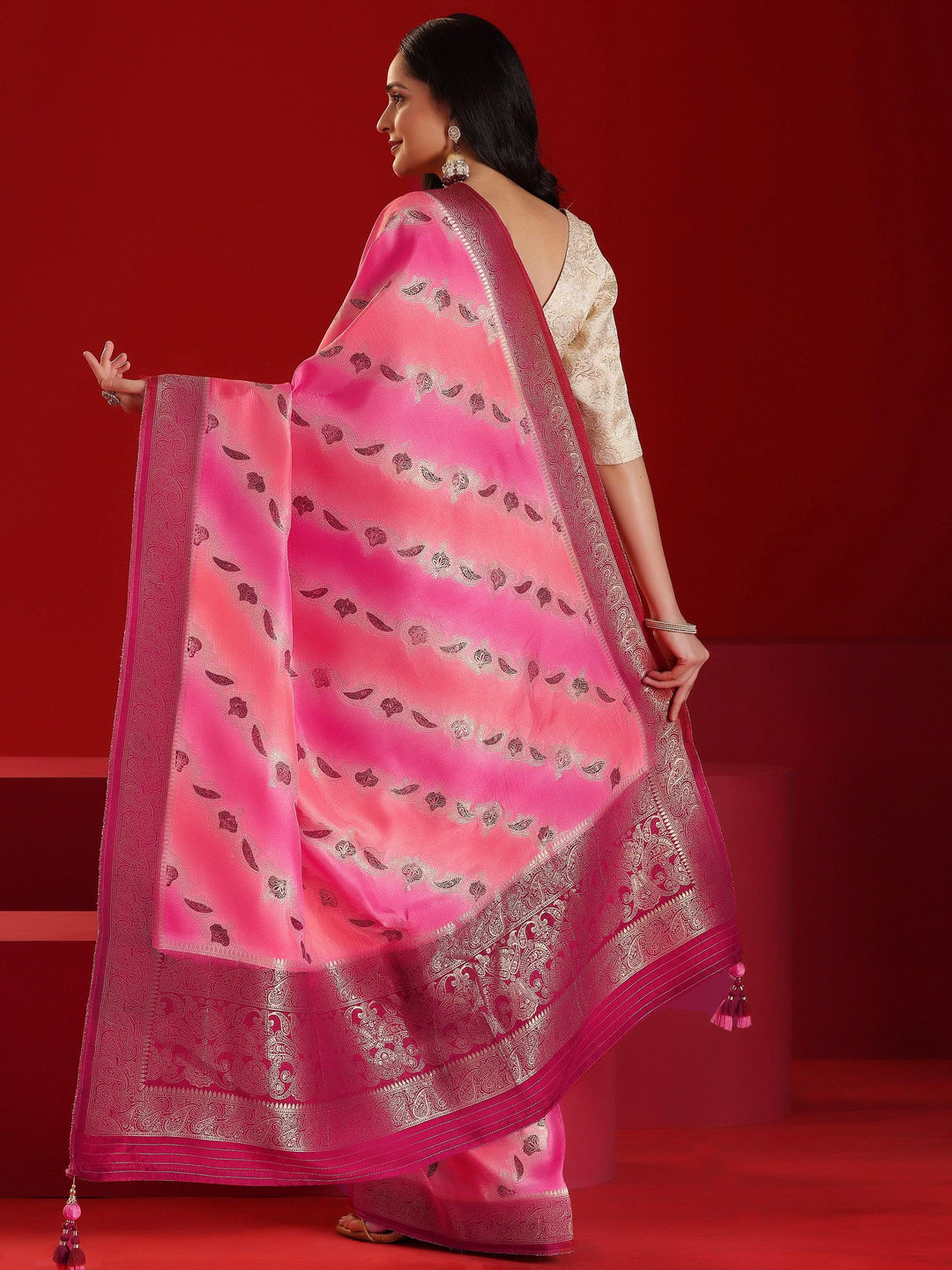 Libas Art Pink Woven Design Satin Saree With Unstitched Blouse Piece - Libas 