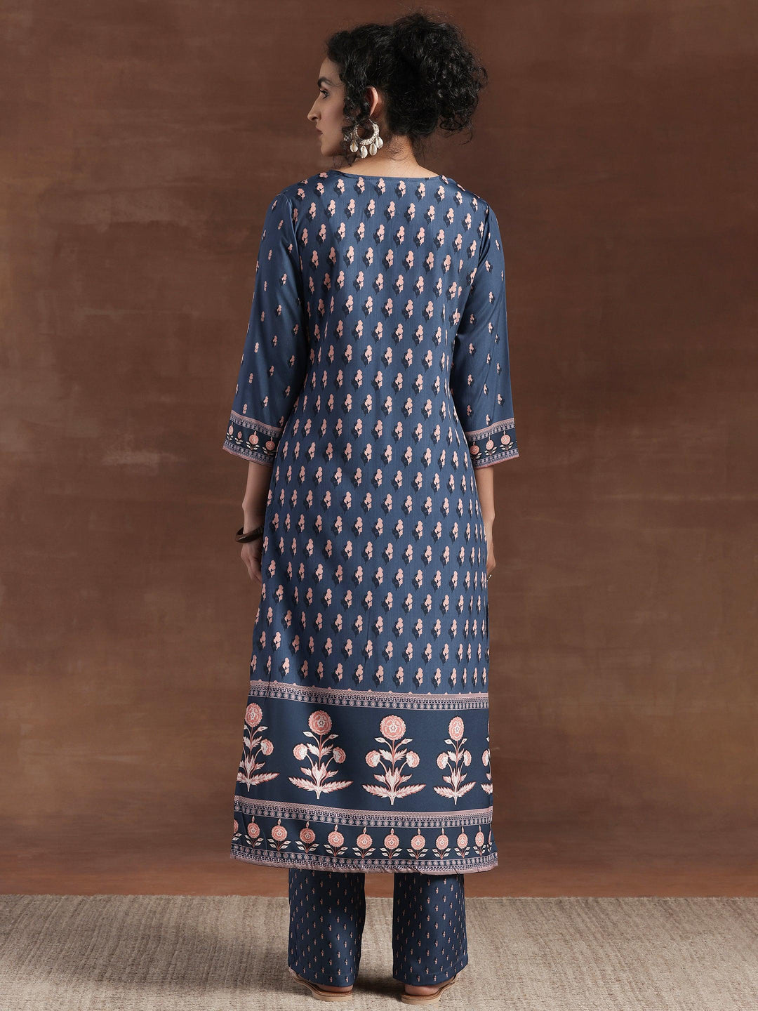 Blue Printed Poly Crepe Straight Kurta Set - Libas 