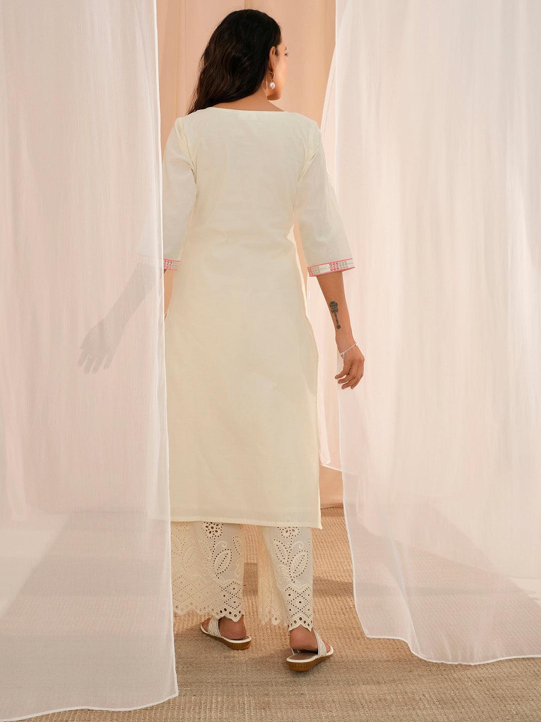 Off White Yoke Design Cotton Straight Kurta - Libas 