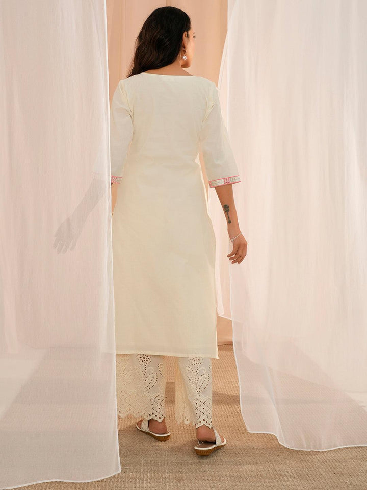 Off White Yoke Design Cotton Straight Kurta - Libas