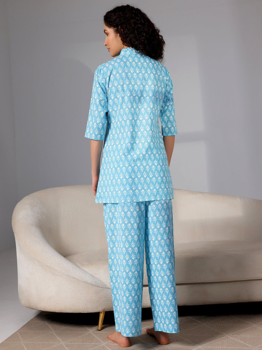 Blue Printed Cotton Night Suits - Libas