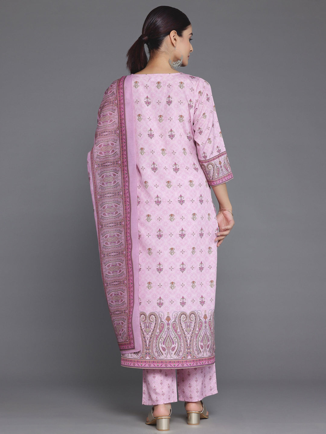 Pink Printed Poly Crepe Straight Suit With Dupatta - Libas 