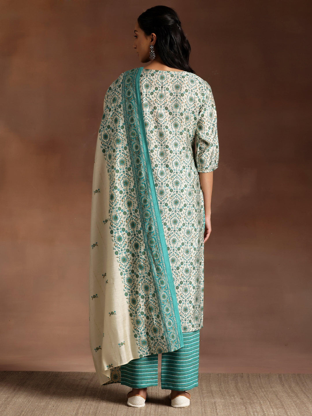 Blue Printed Silk Blend Straight Suit With Dupatta - Libas