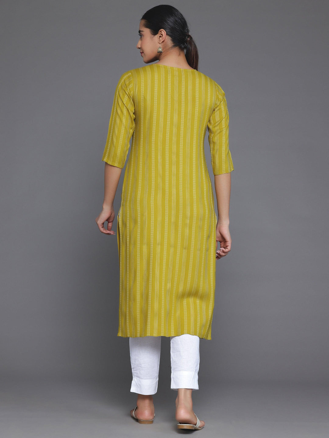 Mustard Striped Rayon Straight Kurta - Libas