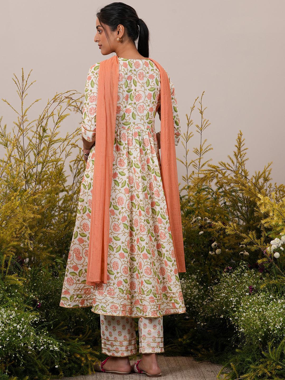 Off White Yoke Design Cotton Anarkali Suit With Dupatta - Libas 