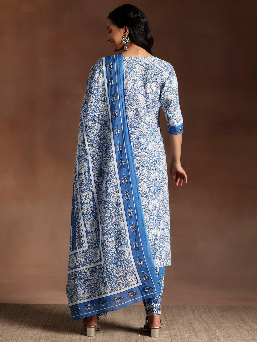 Blue Printed Cotton Straight Suit With Dupatta - Libas