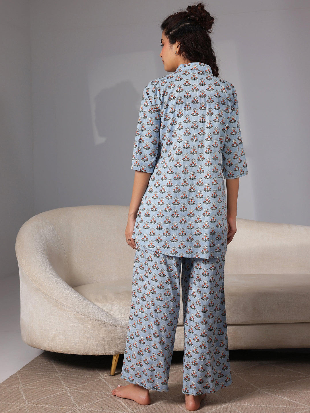 Blue Printed Cotton Night Suits - Libas