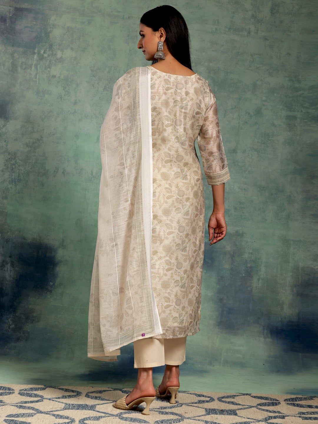 Beige Printed Chanderi Silk Straight Suit With Dupatta - Libas