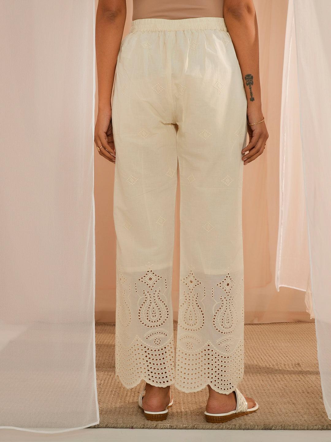 Off White Embroidered Cotton Straight Fit Palazzos - Libas 