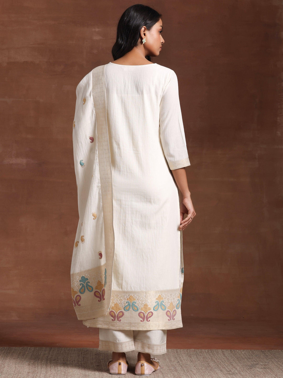 Off White Woven Design Cotton Straight Suit With Dupatta - Libas 