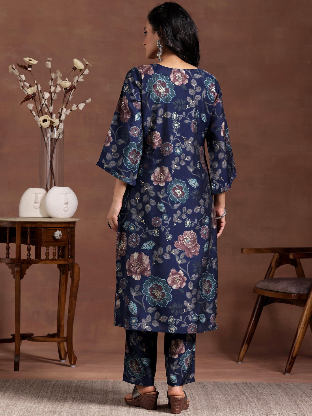 Blue Printed Silk Blend Co-Ords - Libas 