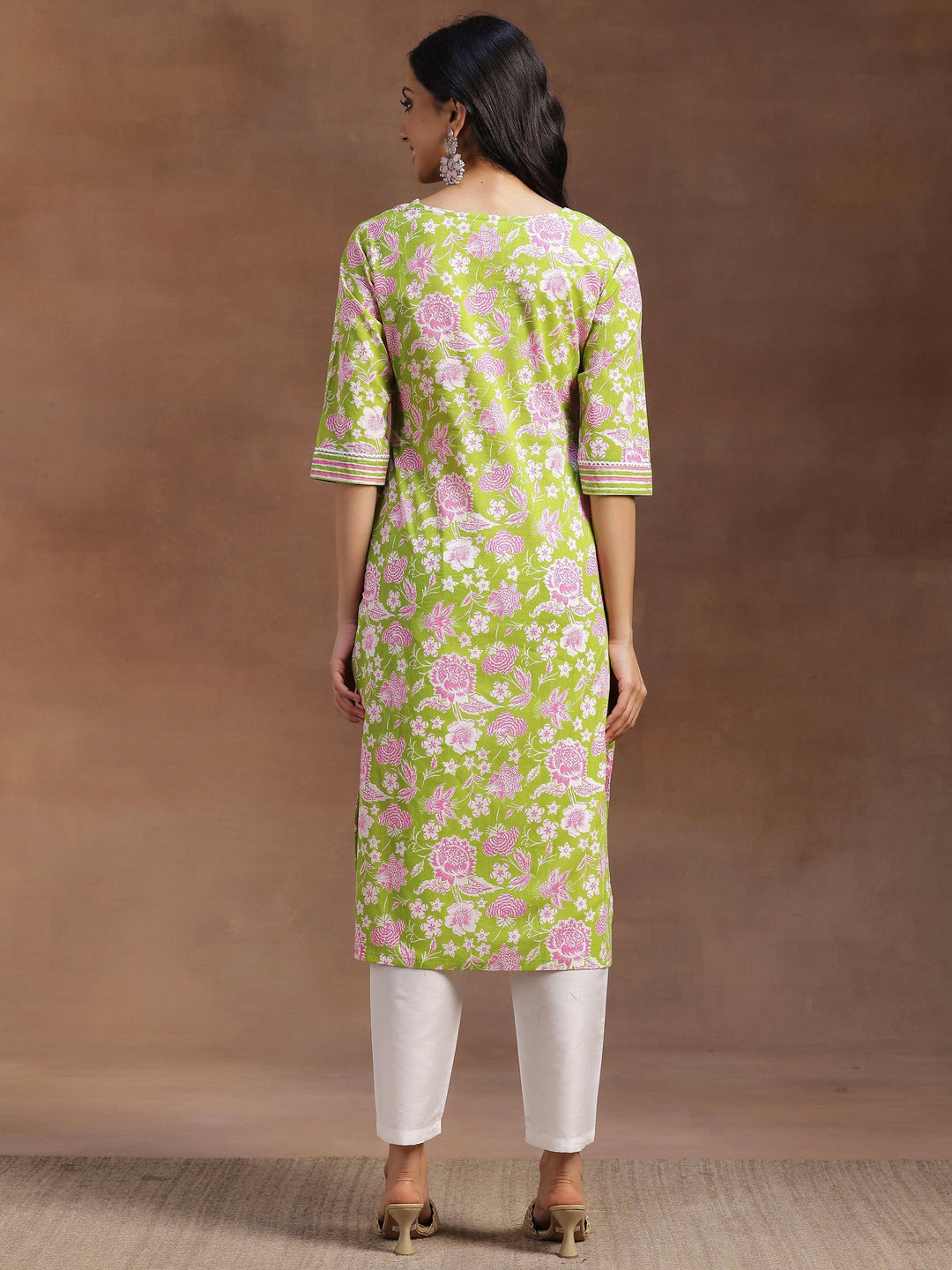 Green Printed Cotton Straight Kurta - Libas 