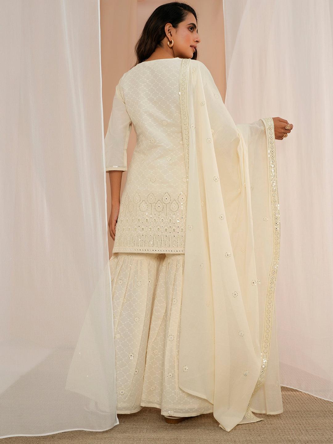 Off White Embroidered Cotton Straight Suit With Dupatta - Libas 