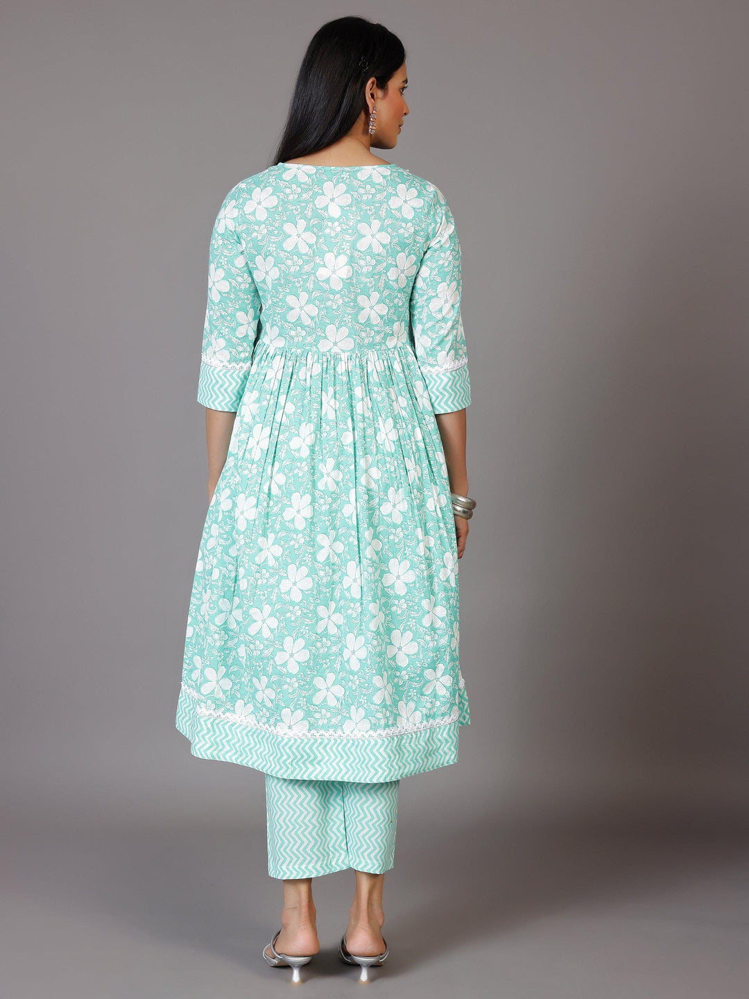 Green Printed Cotton Anarkali Kurta Set - Libas