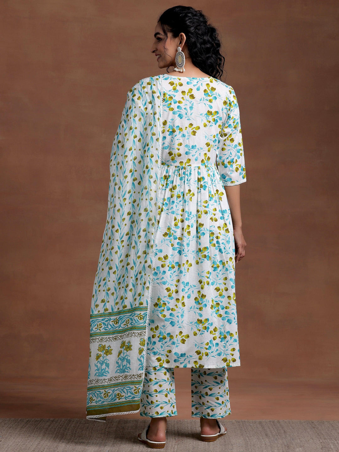 Off White Printed Cotton A-Line Kurta With Palazzos & Dupatta - Libas