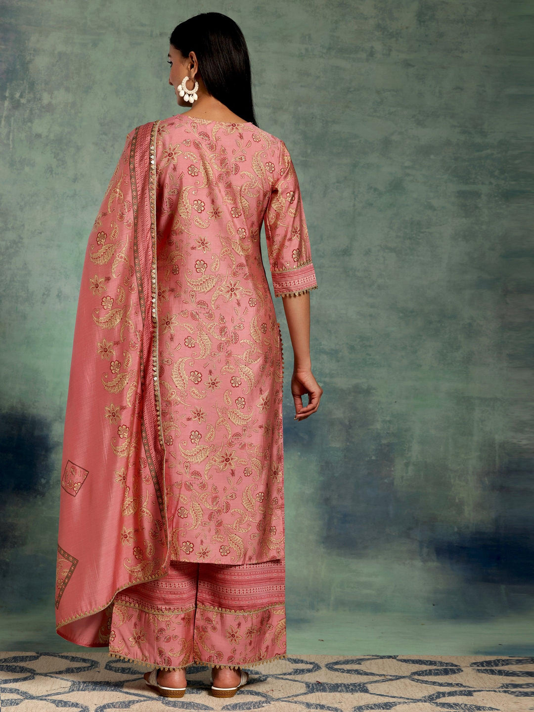 Pink Printed Silk Blend Straight Suit With Dupatta - Libas 