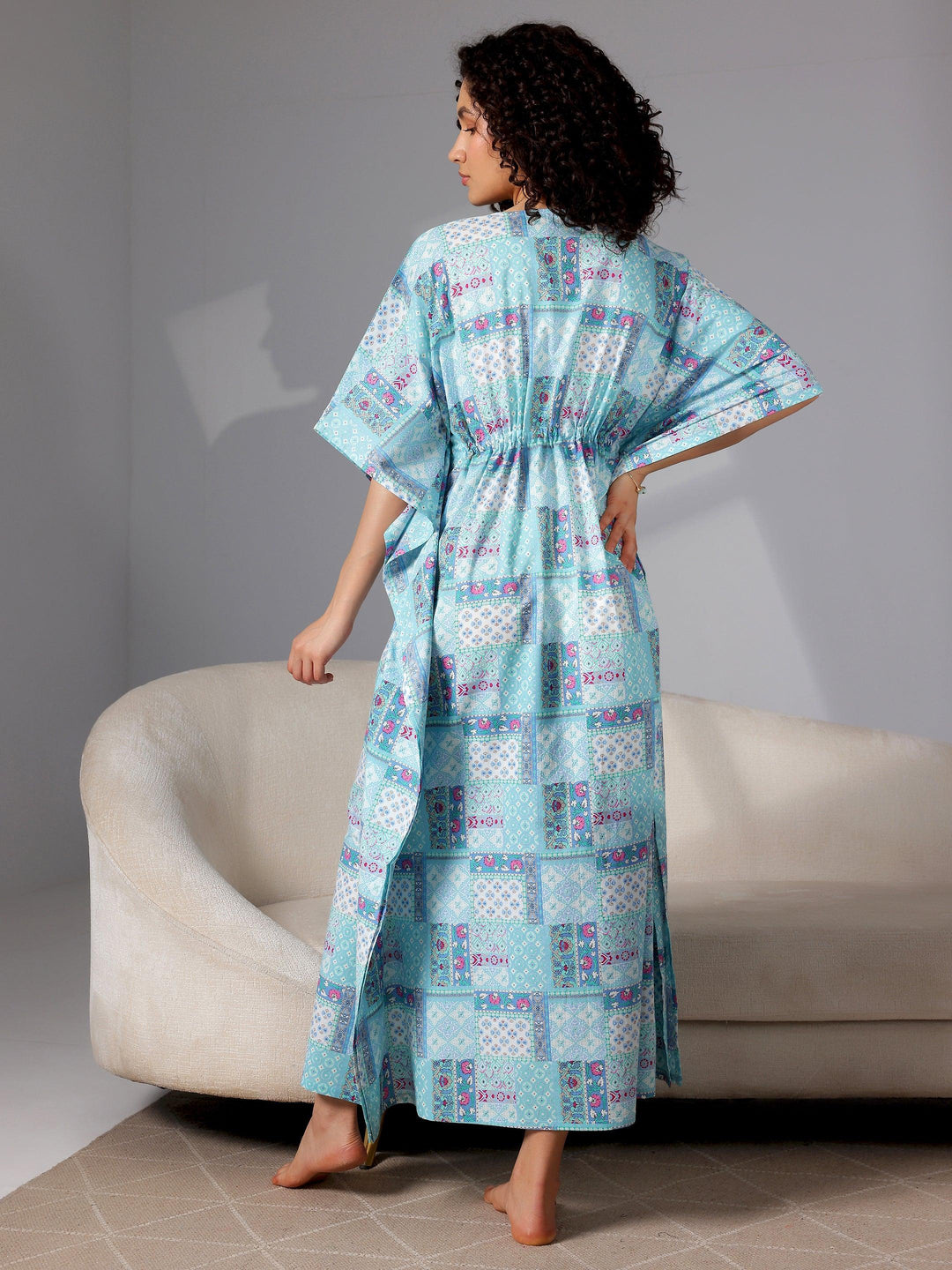 Blue Printed Cotton Kaftan Night Dress - Libas 