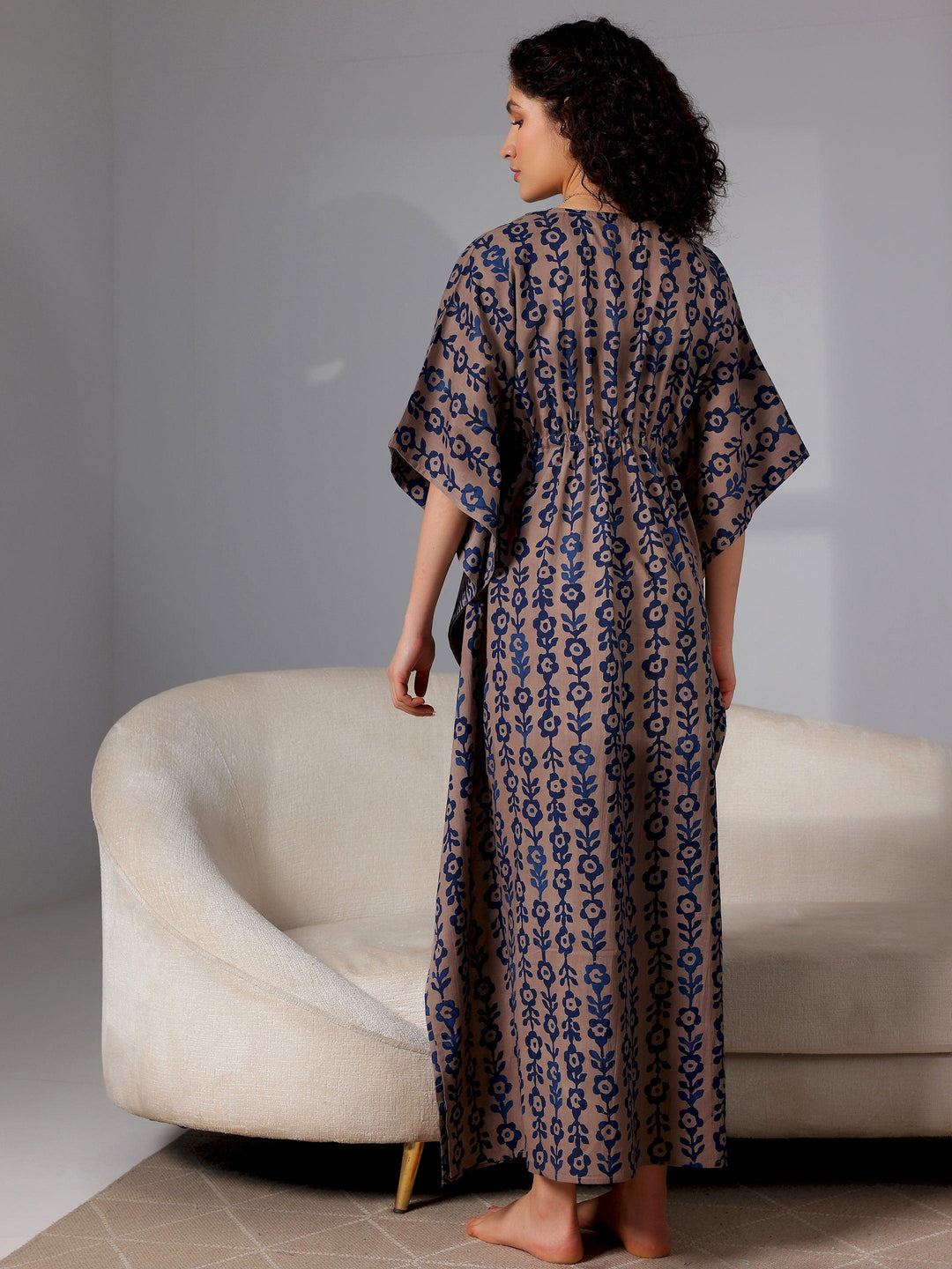 Blue Printed Cotton Kaftan Night Dress - Libas 