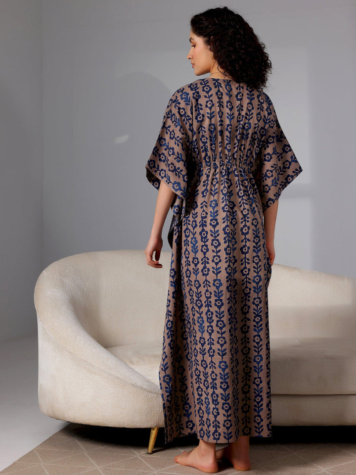 Blue Printed Cotton Kaftan Night Dress - Libas