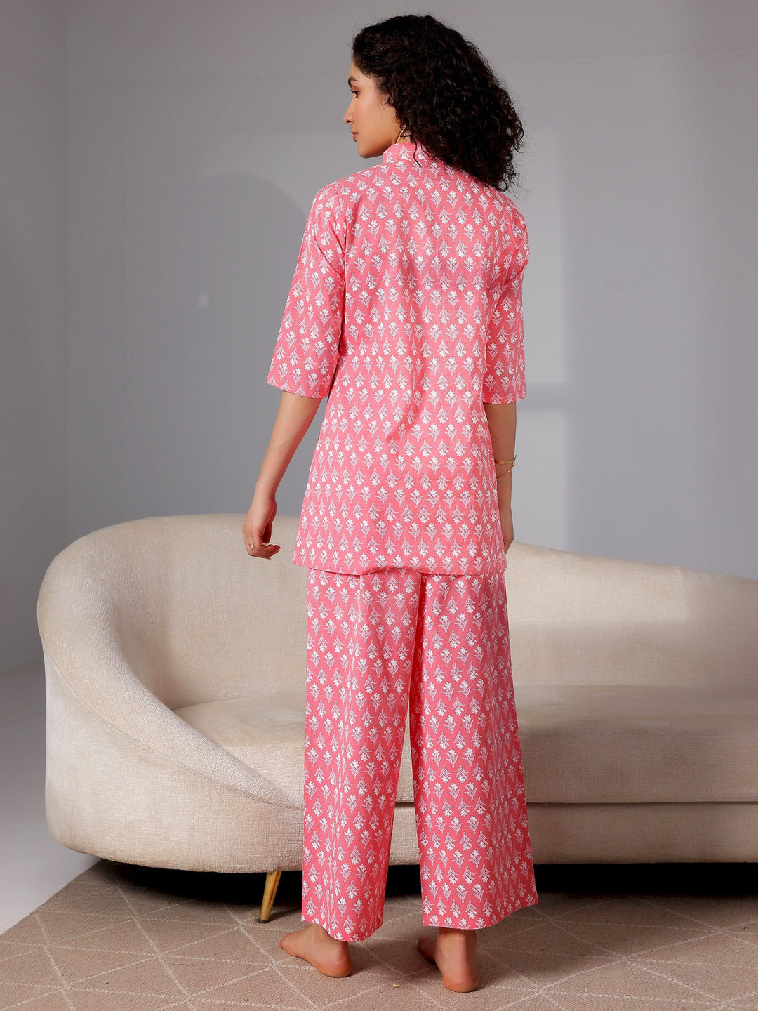 Peach Printed Cotton Night Suits - Libas 