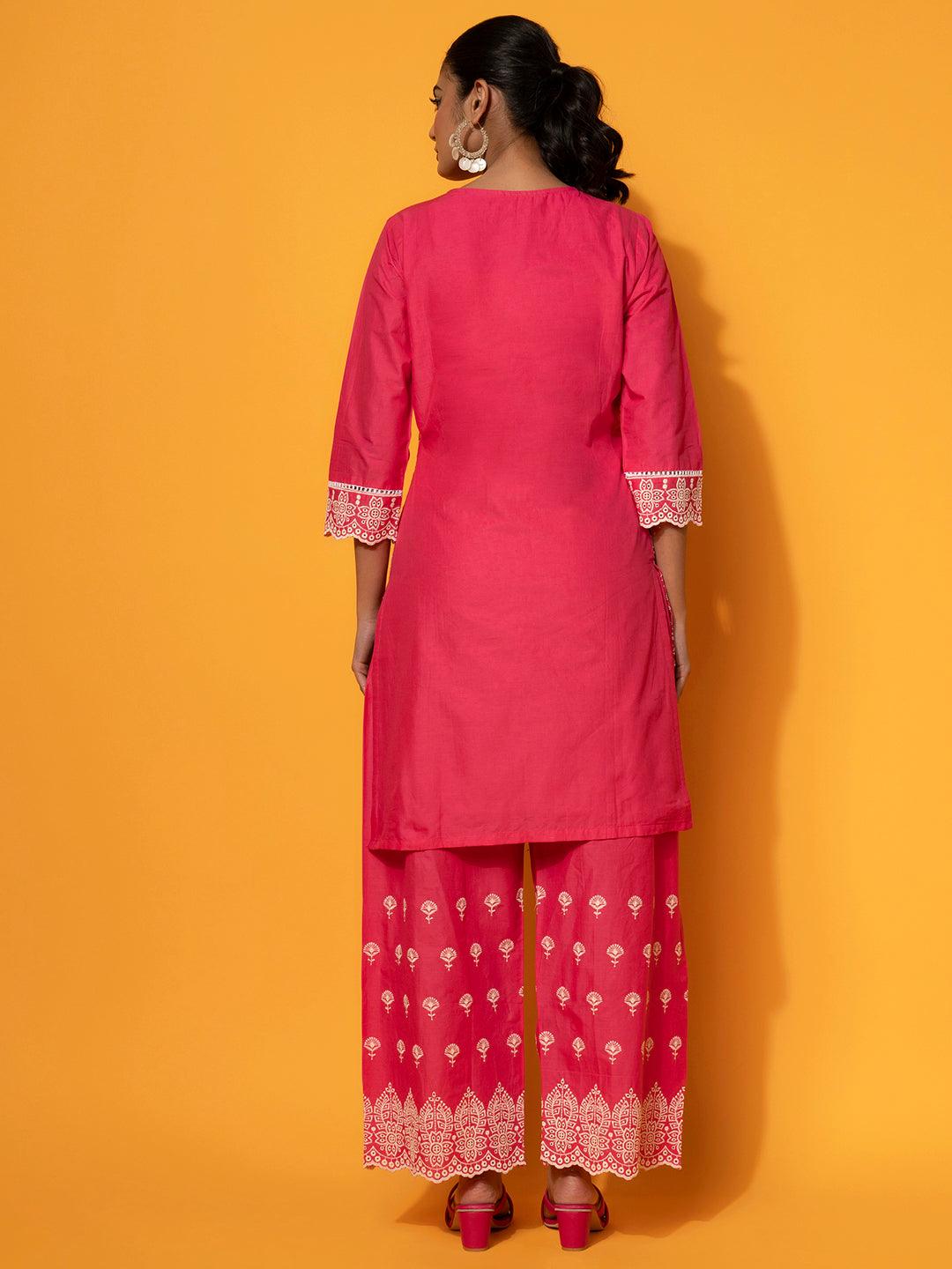 Pink Embroidered Cotton Co-Ords
