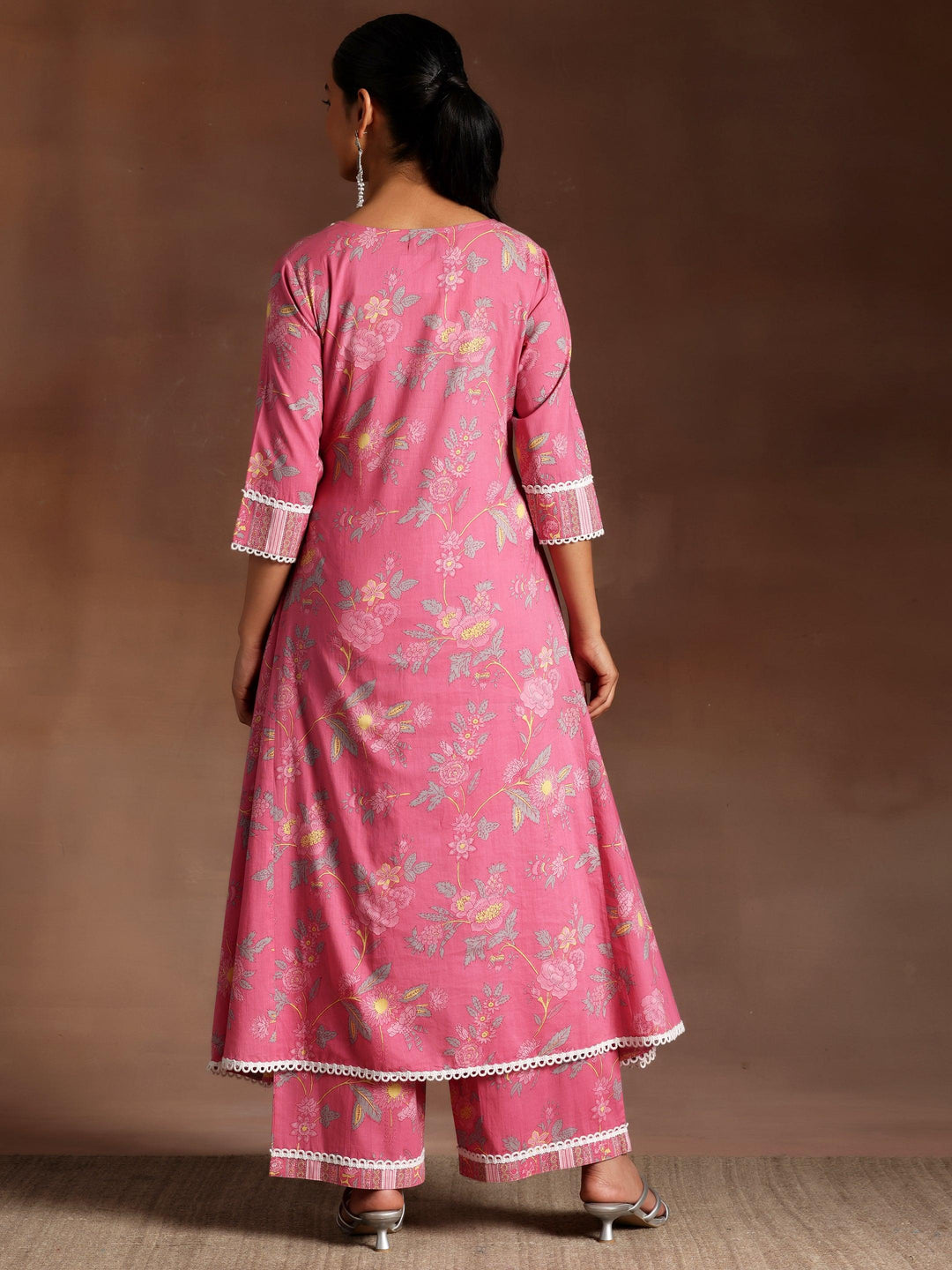 Rukhsaar Pink Printed Cotton A-Line Kurta With Palazzos - Libas 