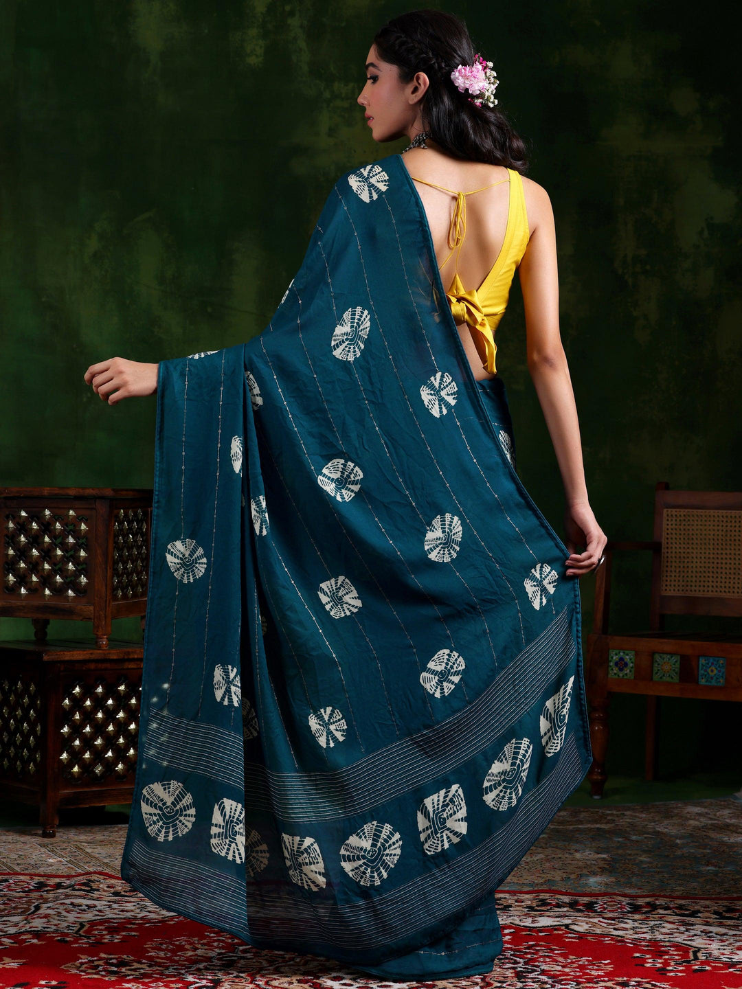 Teal Printed Poly Chiffon Saree With Unstitched Blouse Piece - Libas